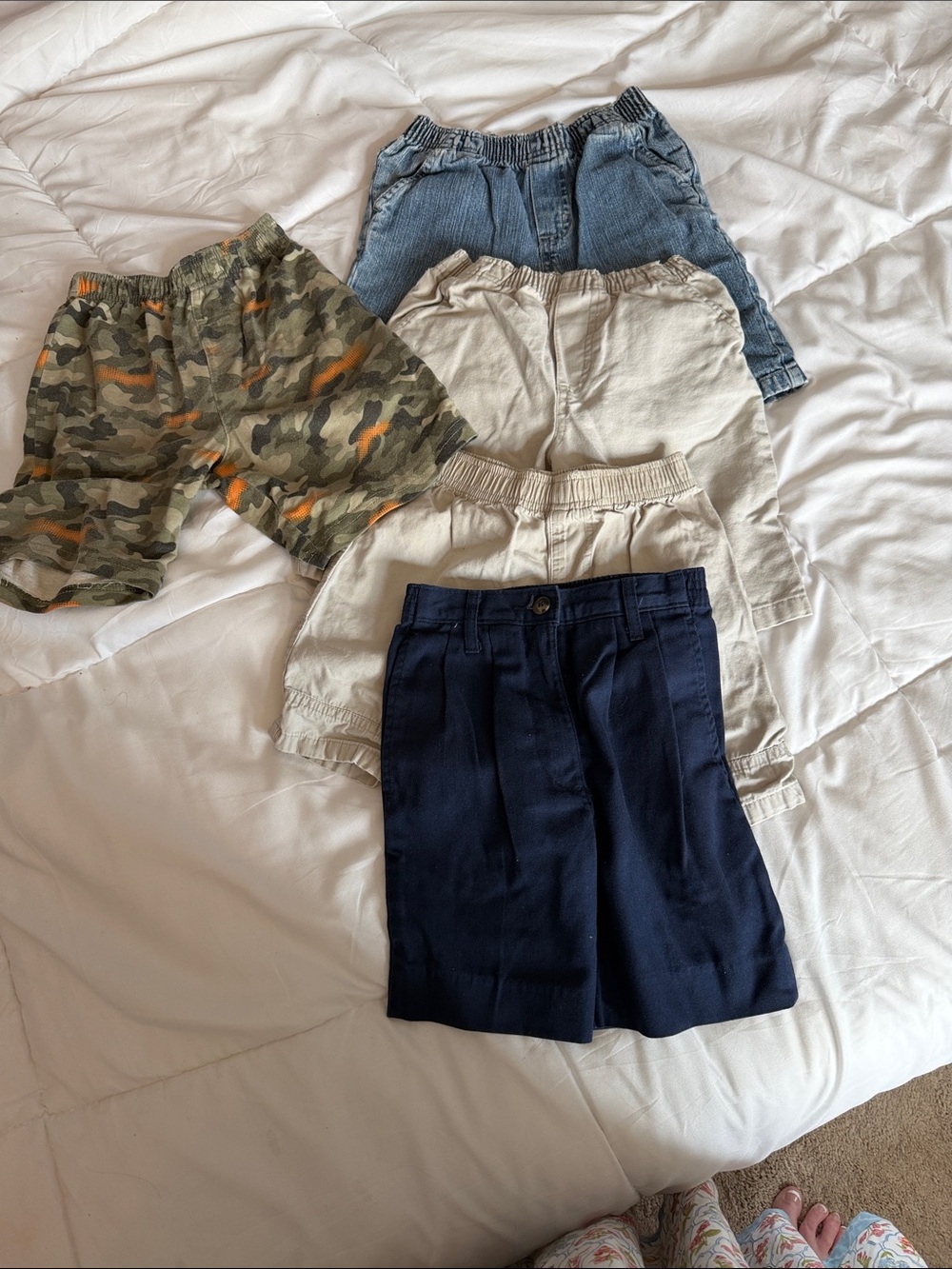 Kids Elastic-Waist Shorts Pack - Navy, Camo, Light Beige, Denim